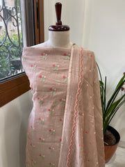Antique Rose Suit Set with Thread Embroidery in Pure Mul
