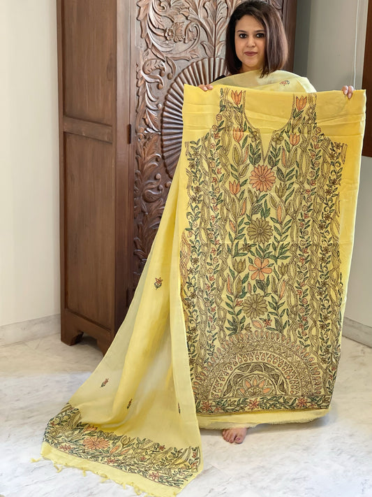 Lime Yellow Suit Set with Kantha Handwork in Pure Tussar Silk