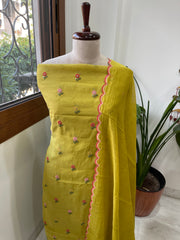 Greenish Yellow Suit Set with Thread Embroidery in Pure Mul