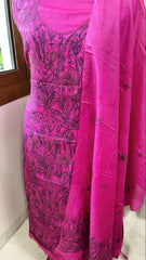 Pink Suit Set with Kantha Handwork in Pure Tussar Silk