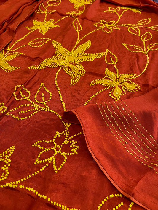 Rust Crepe Suit Set With Knot & Sequin Handwork