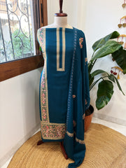 Firozi Winter Suit Set with Aari Work in Pashmina Wool