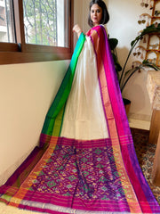 Ivory Handwoven Ikat Saree in Pure Silk with Ganga-Jamuna Border