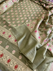Pista Green Woven Suit Set with Zari and Meenakari in Weaving in Pure Moonga Silk