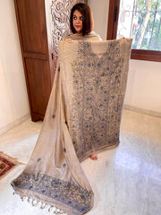 Lite Brown Suit Set with Kantha Handwork in Pure Tussar Silk