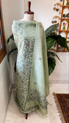 Pista Green Suit Set with Kantha Handwork in Pure Tussar Silk