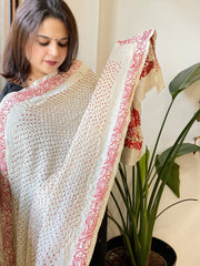 Ivory Rai Bandhej Dupatta with Lucknowi Handwork in Pure Gajji Silk