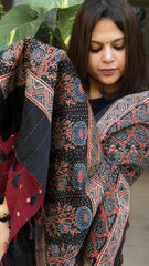Black Ajrakh Handblock Printed Silk-Woollen Shawl