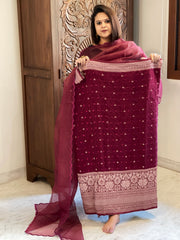 Maroon Handwoven Kadwa Banarasi with Hand Bandhani Suit Set in Pure Silk