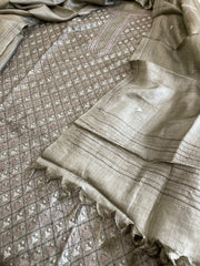 Dusty Green Suit Set with Kantha Embroidery in Pure Tussar Silk