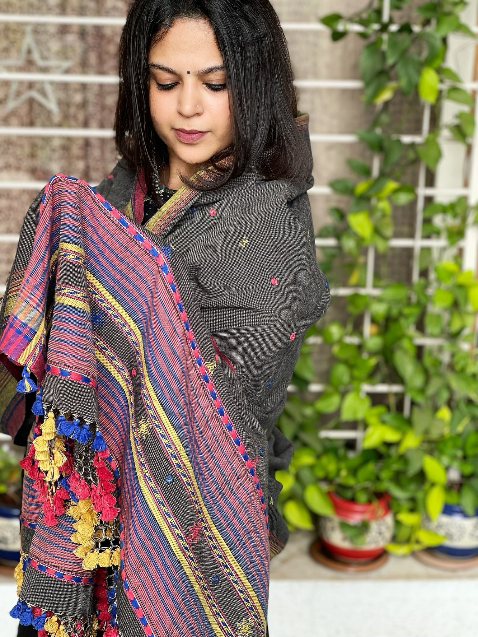 Grey Handwoven Bhujodi Dupatta with Mirror Handwork in Kala Cotton