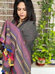 Grey Handwoven Bhujodi Dupatta with Mirror Handwork in Kala Cotton