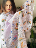 Handpainted Dupatta with Kantha Stitch Handwork in Linen