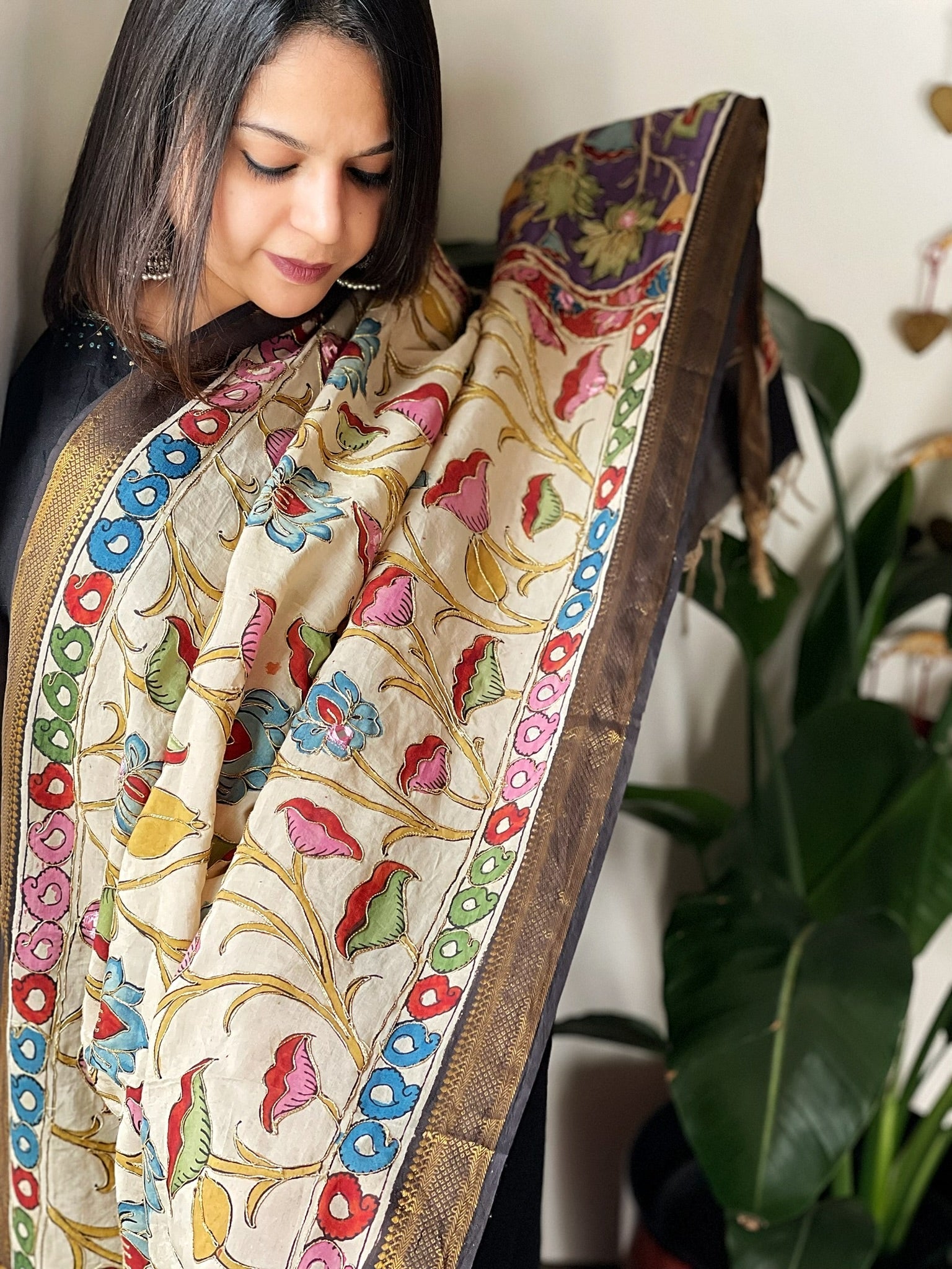 Handpainted Kalamkari Dupatta with Thread & Mirror Handwork in Chanderi Silk