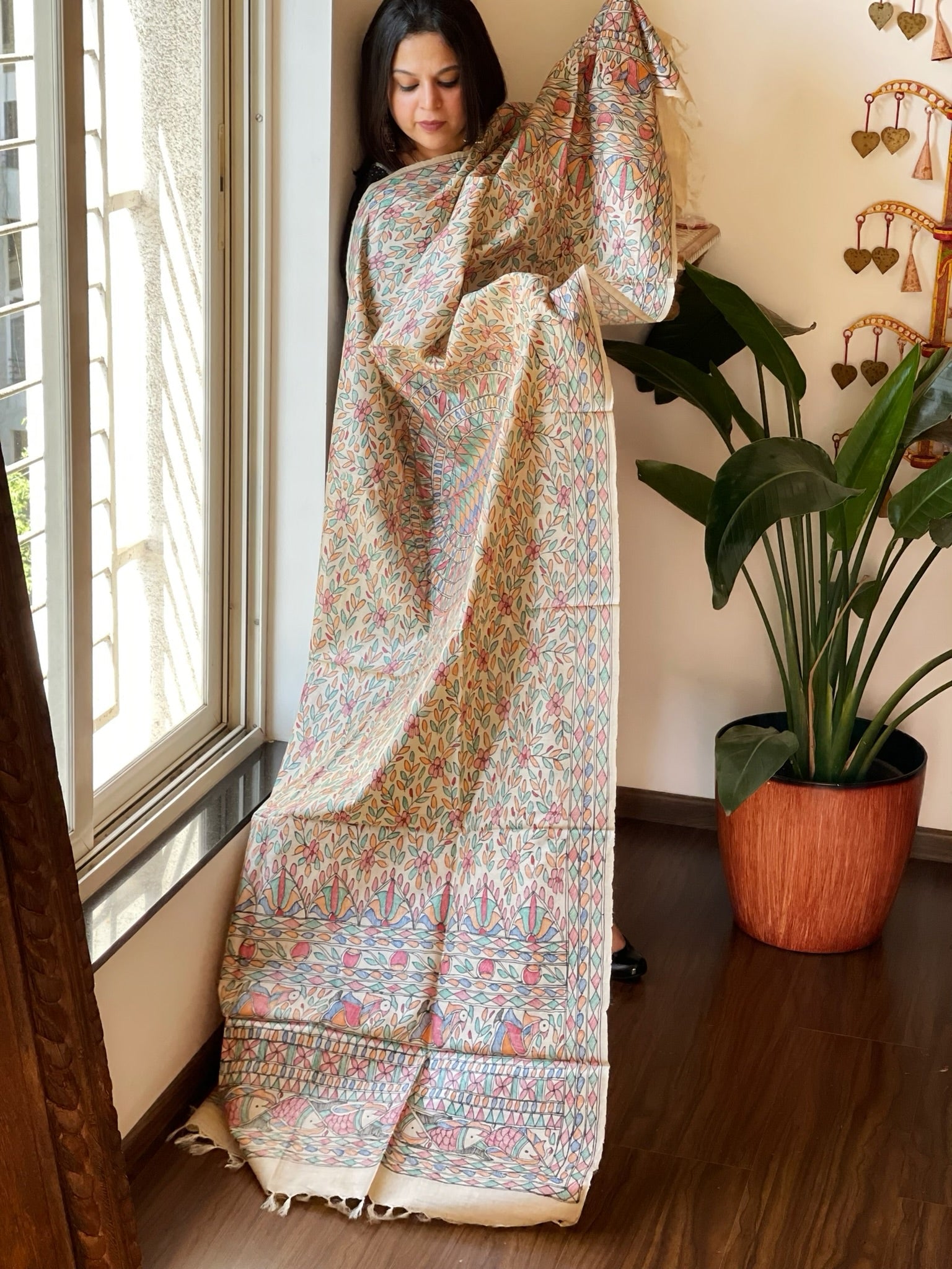 Handpainted Madhubani Dupatta in Pure Tussar Silk