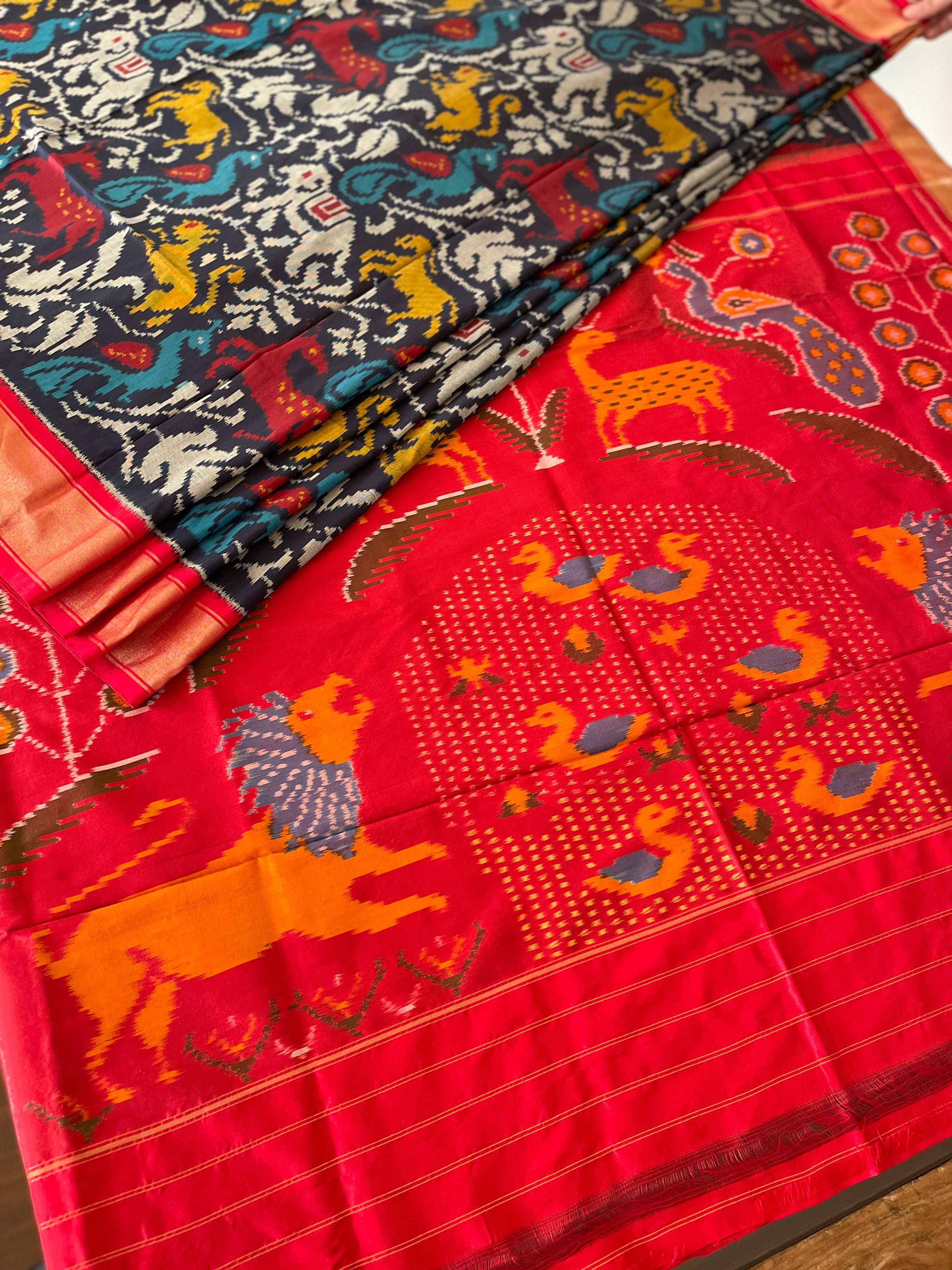 Handwoven Shikargah Design Ikat Saree in Pure Silk