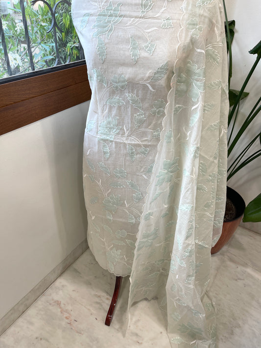 Off-White, Sea Green Applique Jaal Suit Set in Chanderi