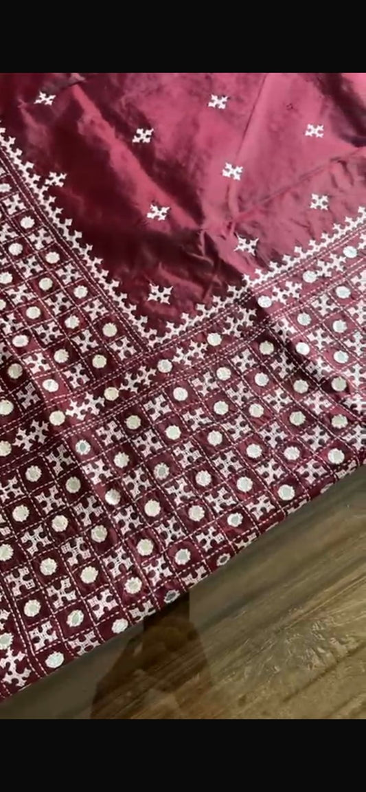 Maroon Handmade Nakshi Kantha Saree with Mirror Handwork in Pure Silk