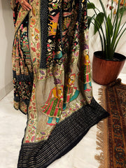 Black Handmade Bandhani Saree with Krishna Motif & Meenakari in Pure Georgette