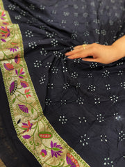 Black Handmade Bandhani Saree with Krishna Motif & Meenakari in Pure Georgette