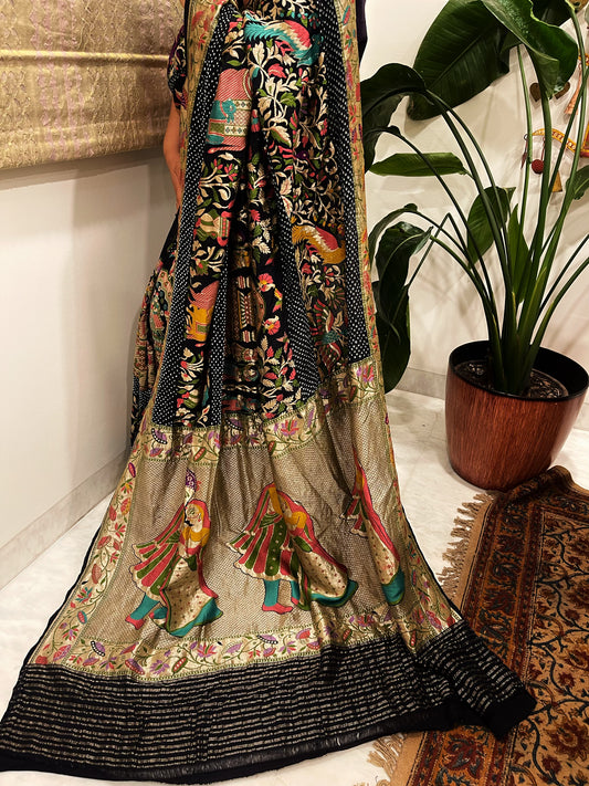 Black Handmade Bandhani Saree with Krishna Motif & Meenakari in Pure Georgette
