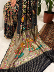 Black Handmade Bandhani Saree with Krishna Motif & Meenakari in Pure Georgette