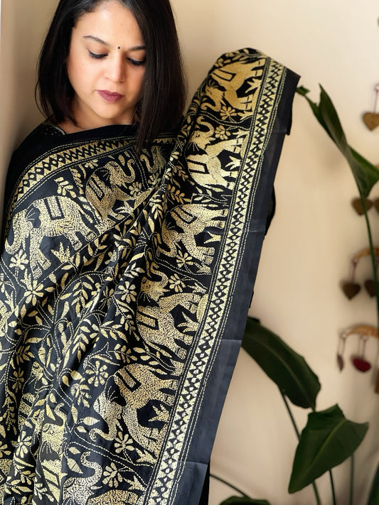 Black Handmade Nakshi Kantha Dupatta in Pure Silk