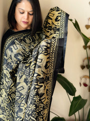 Black Handmade Nakshi Kantha Dupatta in Pure Silk