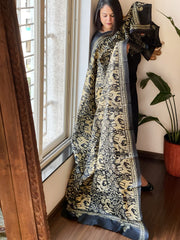 Black Handmade Nakshi Kantha Dupatta in Pure Silk