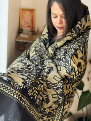 Black Handmade Nakshi Kantha Dupatta in Pure Silk