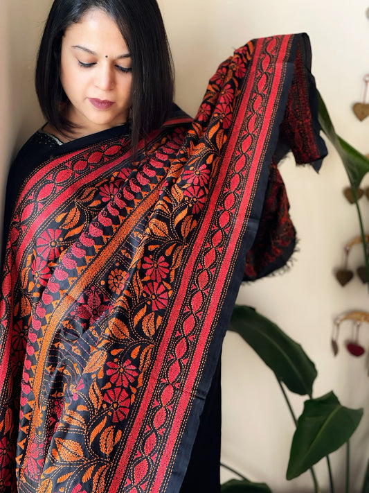 Black Handmade Nakshi Kantha Dupatta in Pure Silk