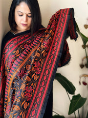 Black Handmade Nakshi Kantha Dupatta in Pure Silk