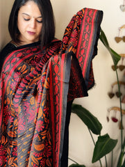 Black Handmade Nakshi Kantha Dupatta in Pure Silk