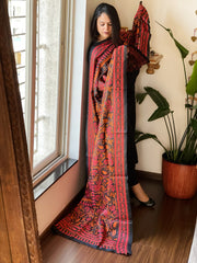 Black Handmade Nakshi Kantha Dupatta in Pure Silk