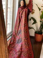 Black Handmade Nakshi Kantha Dupatta in Pure Silk