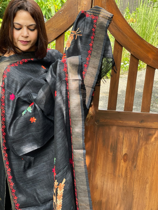 Black Kashmiri Aari Embroidered Dupatta in Geecha Silk