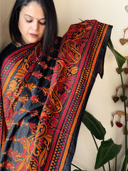 Black Handmade Nakshi Kantha Dupatta in Pure Silk