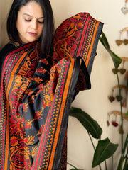 Black Handmade Nakshi Kantha Dupatta in Pure Silk