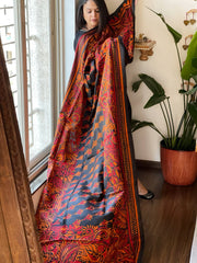 Black Handmade Nakshi Kantha Dupatta in Pure Silk