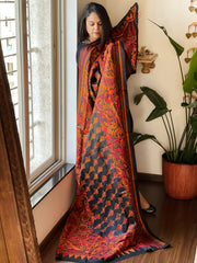 Black Handmade Nakshi Kantha Dupatta in Pure Silk