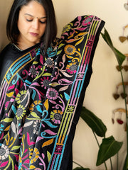 Black Handmade Nakshi Kantha Dupatta in Pure Silk