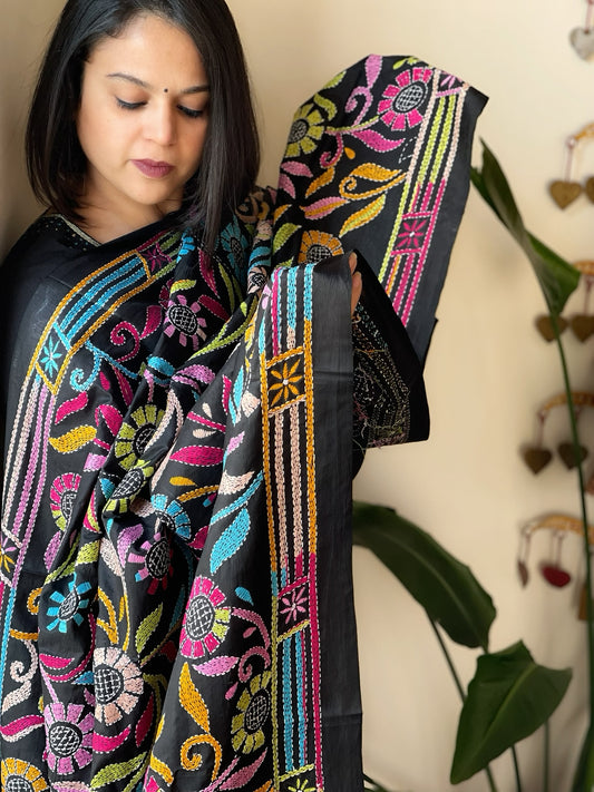 Black Handmade Nakshi Kantha Dupatta in Pure Silk