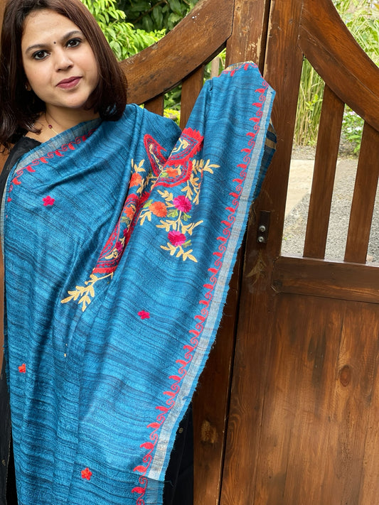 Blue Kashmiri Aari Embroidered Dupatta in Geecha Silk