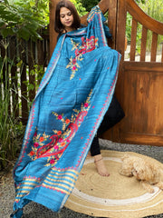 Blue Kashmiri Aari Embroidered Dupatta in Geecha Silk