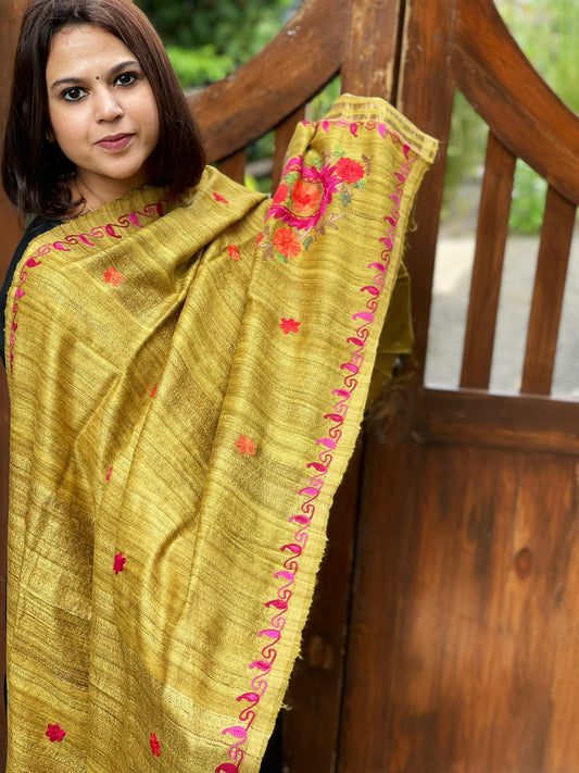 Lime Green Kashmiri Aari Embroidered Dupatta in Geecha Silk