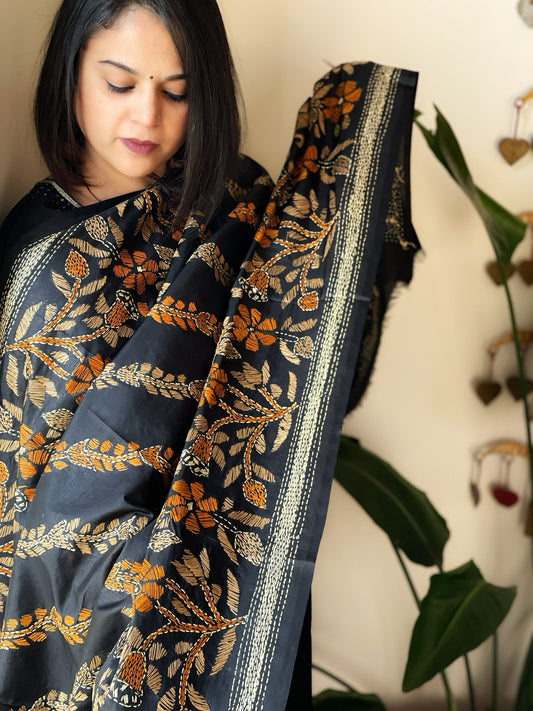 Black Handmade Nakshi Kantha Dupatta in Pure Silk