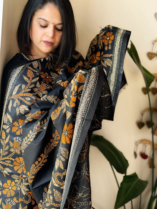 Black Handmade Nakshi Kantha Dupatta in Pure Silk