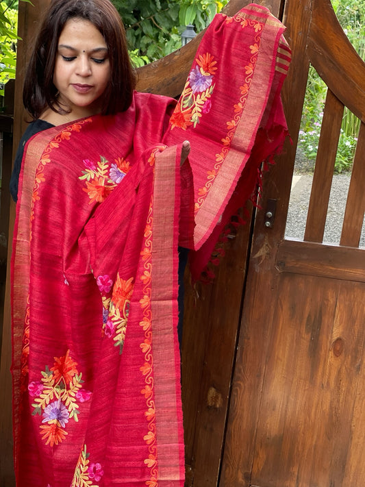 Red Kashmiri Aari Embroidered Dupatta in Geecha Silk