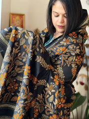 Black Handmade Nakshi Kantha Dupatta in Pure Silk