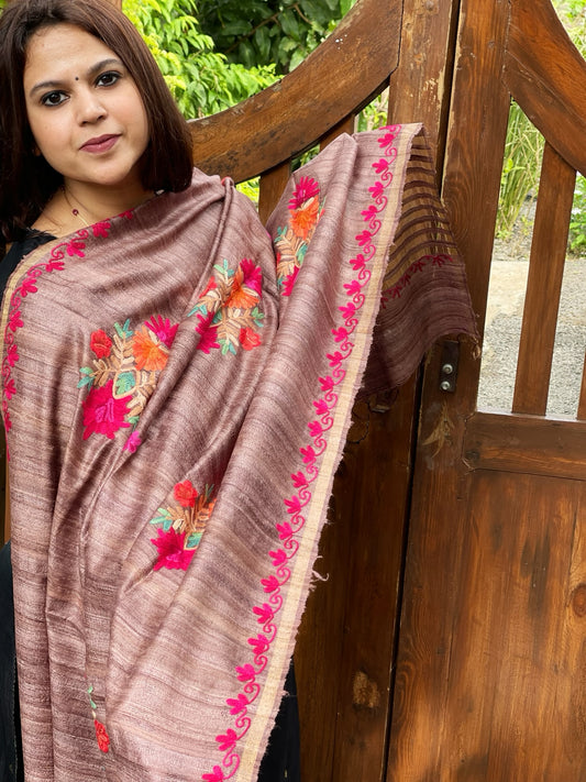 Lite Chocolate Kashmiri Aari Embroidered Dupatta in Geecha Silk